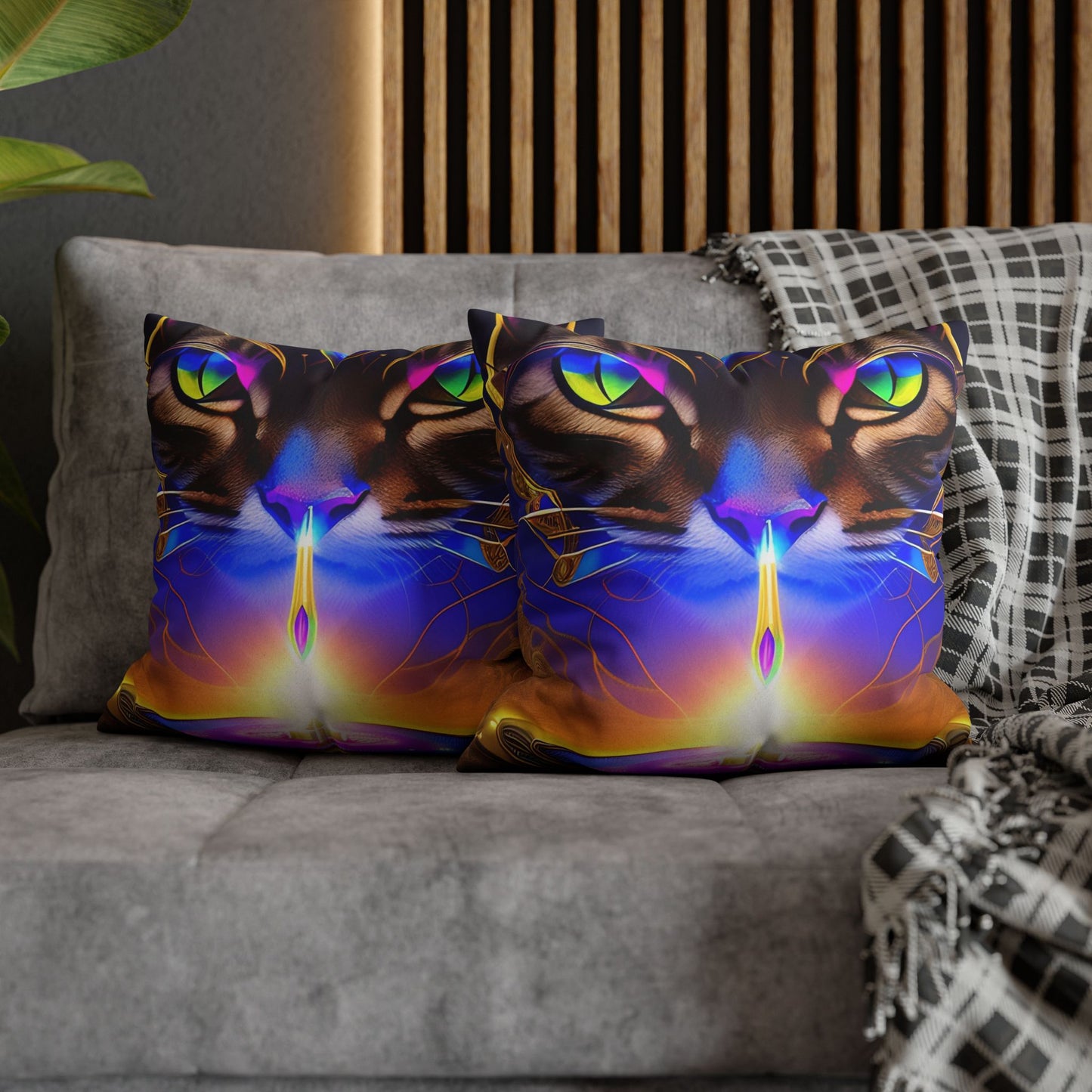 Divine Arts Faux Suede Double-Sided Art Square Pillow Case in Four Sizes - Fantasy Galaxy Space Cat Lover Male Brown Tabby Cat with Ornate Golden Face Armor and Magenta Crystal Wielding the Merkaba Pillow Cover