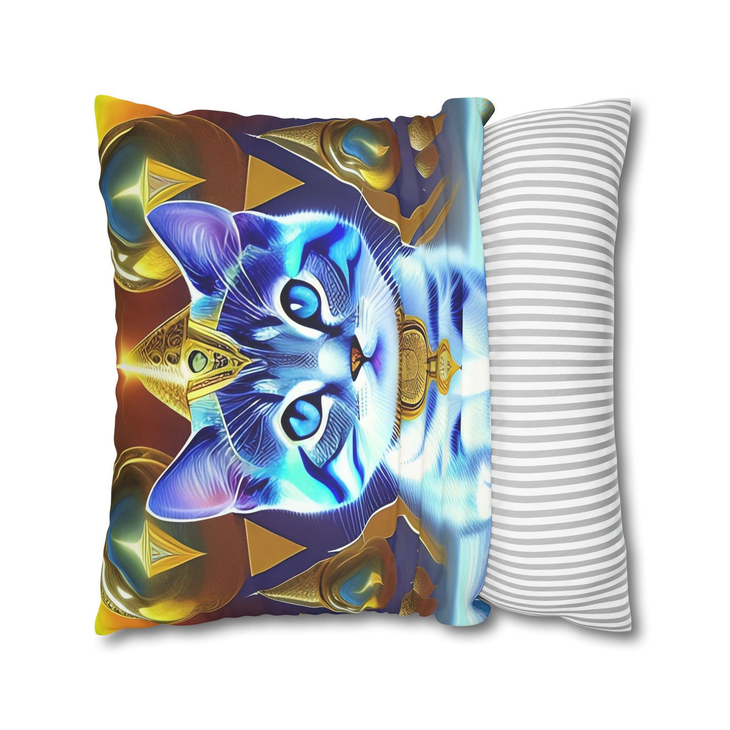 Divine Arts Faux Suede Double-Sided Square Pillow Case in Four Sizes - Fantasy Galaxy Space Cat Lover Male Gray and White Tabby Kitten with Blue Eyes in Golden Merkaba Chamber Wielding the Merkaba