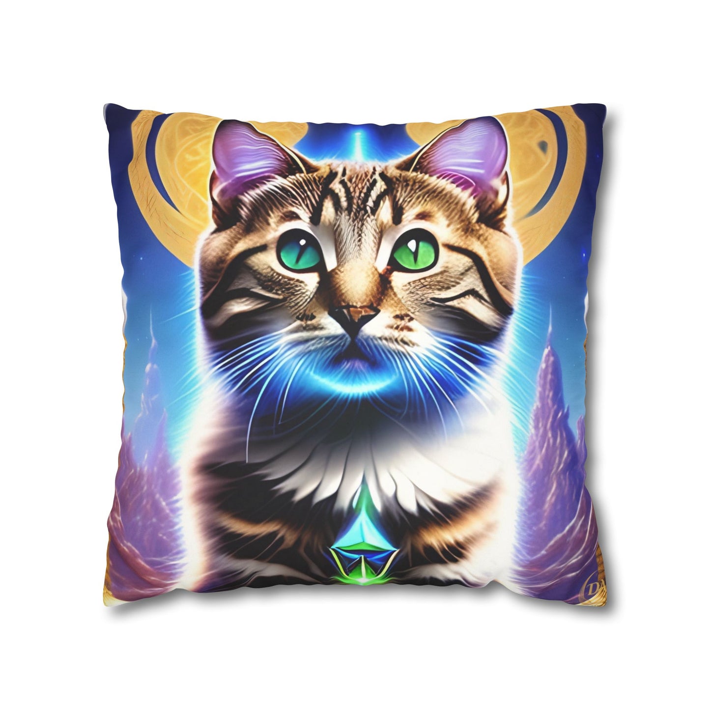 Divine Arts Faux Suede Double-Sided Square Pillow Case in Four Sizes - Fantasy Galaxy Space Cat Lover Male Brown Tabby Cat with Green Eyes Green Merkaba & Golden Aura Plates in Moutains