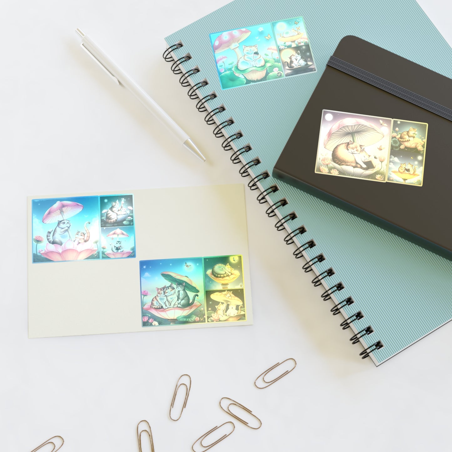 Whimsical Cat Night & Day Mushroom Lotus, Nature Bookworm Vinyl Sticker Sheets (6x4) – Cute Floral Shell Mushroom Umbrella Cap Kittens by Divine Arts