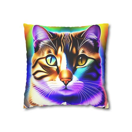 Divine Arts Faux Suede Double-Sided Square Pillow Case - Fantasy Galaxy Space Cat Lover Brown Tabby Cat with Heterochromia Meditating in Rainbow Trance Colors Pillow Cover in Four Sizes