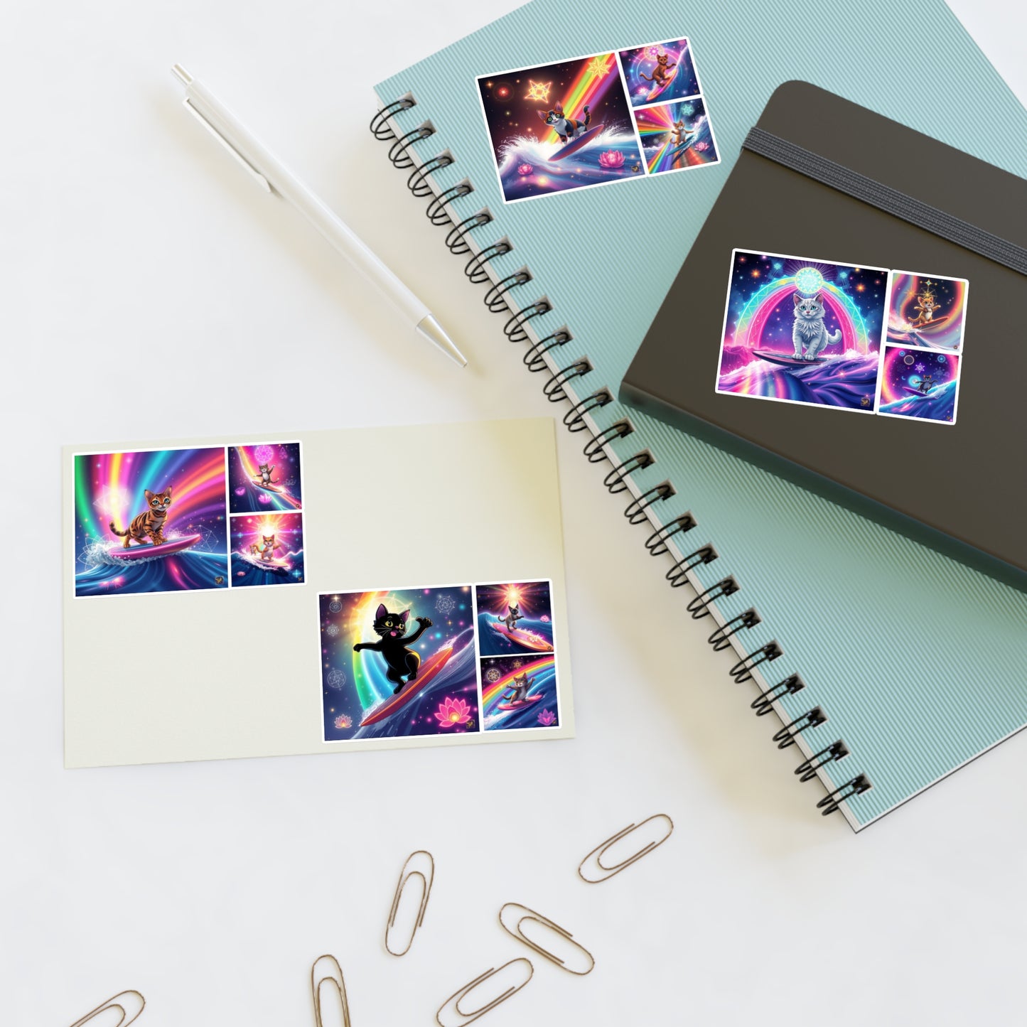 Cosmic Surfing Cat Sticker Sheets (6" x 4") — Rainbow Lotus Light Sacred Geomtry Galaxy Cat Decals by Divine Arts