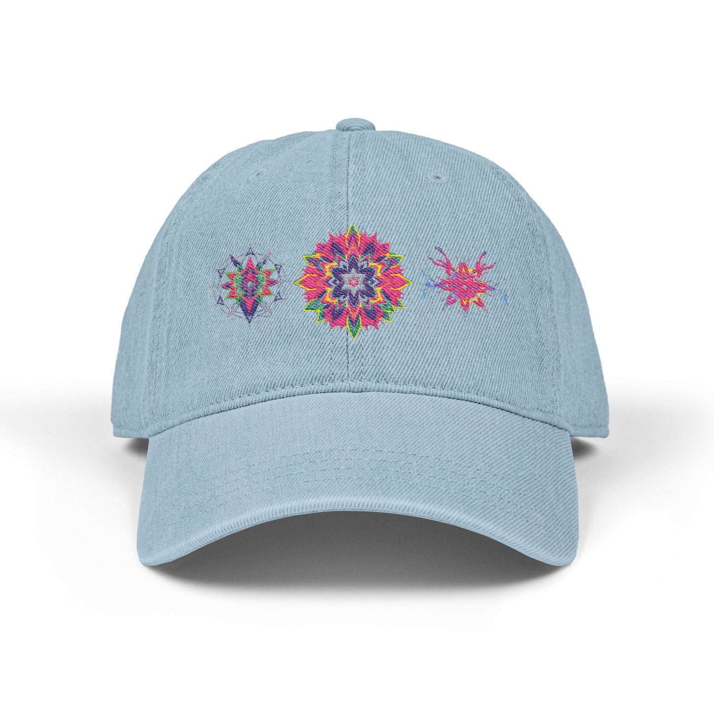 Denim Cap (Embroidery), 100% Cotton, Three Unique Embroidery Merkabas, Neon Galaxy Starry Light, Lotus Jewel Design by Divine Arts
