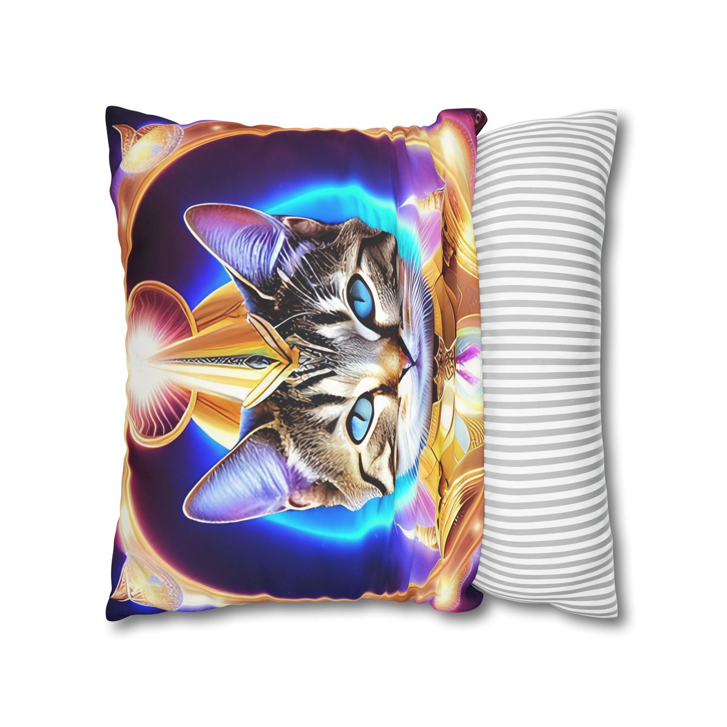 Divine Arts Faux Suede Double-Sided Square Pillow Case - Fantasy Galaxy Space Cat Lover Female Brown Gray Tabby Cat with Blue Eyes in Ornate Golden Armor with Light Blue Maharaic Shied Aura as Realized Merkaba Master Pillow Cover in Four Sizes