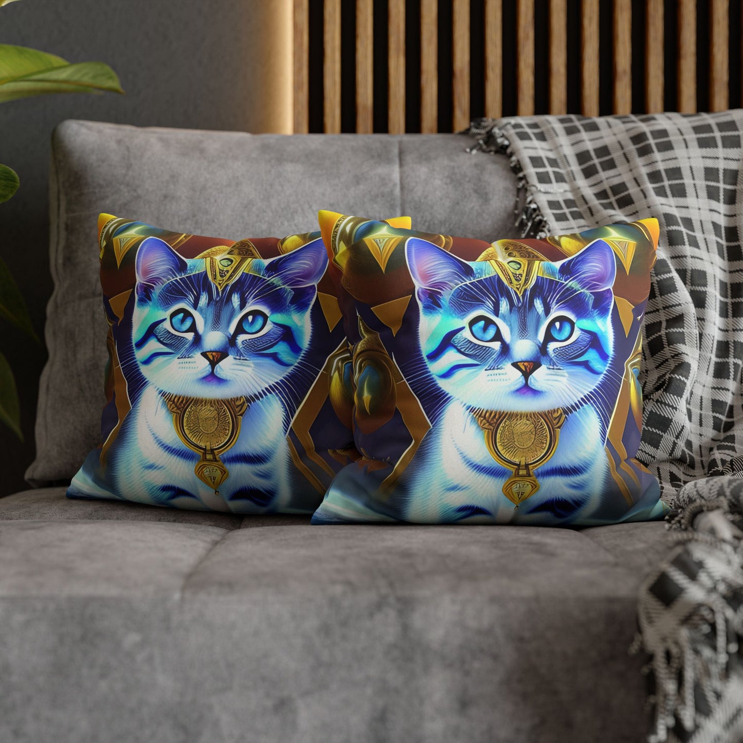 Divine Arts Faux Suede Double-Sided Square Pillow Case in Four Sizes - Fantasy Galaxy Space Cat Lover Male Gray and White Tabby Kitten with Blue Eyes in Golden Merkaba Chamber Wielding the Merkaba