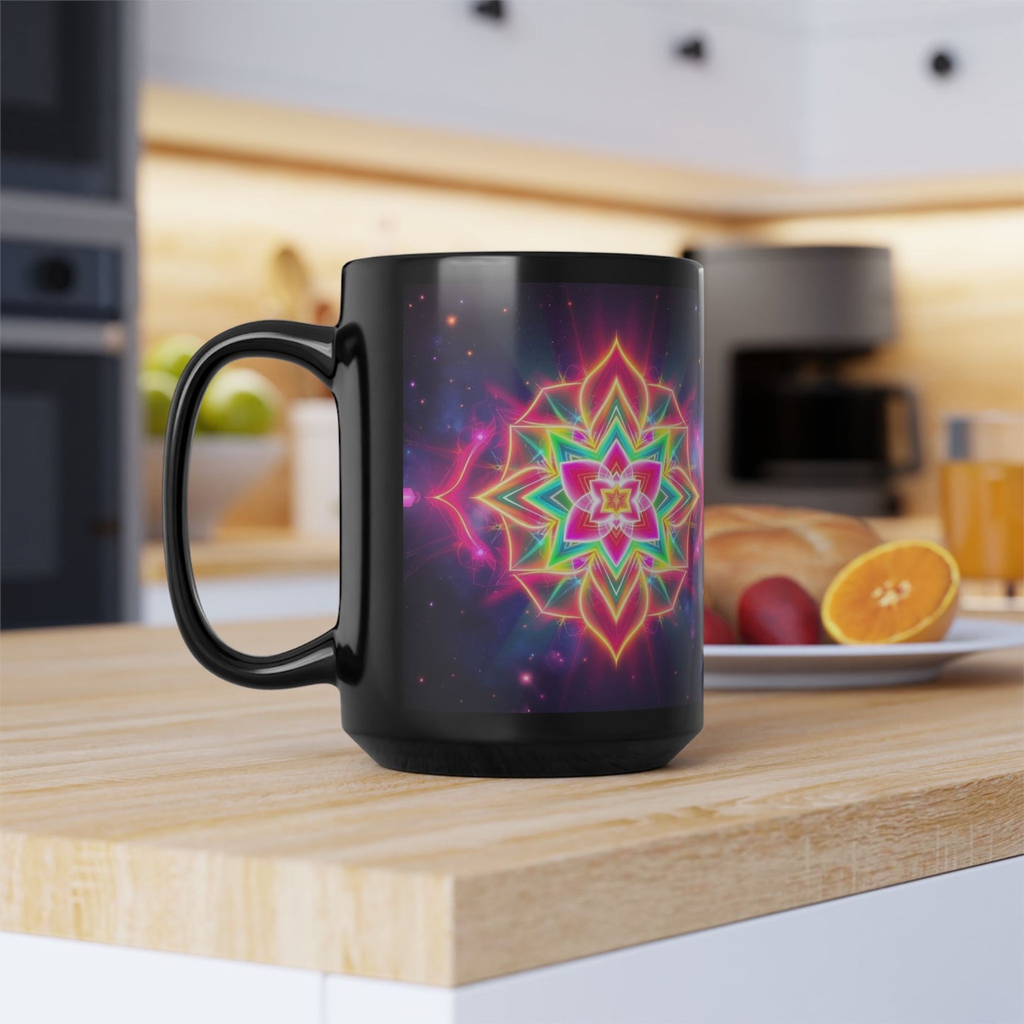 Black Ceramic Mug  15 oz — Neon Merkaba Cosmic Coffee Cup by Divine Arts