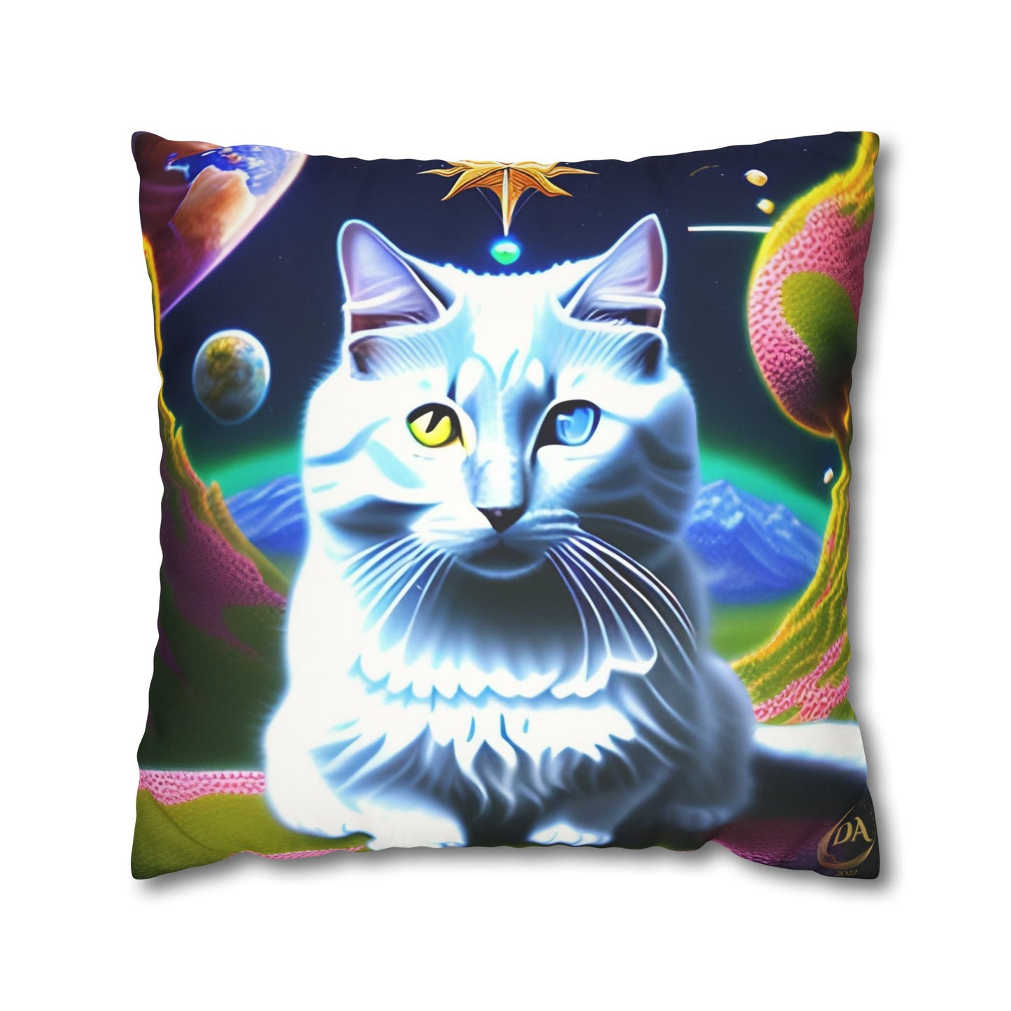 Divine Arts Faux Suede Double-Sided Square Pillow Case in Four Sizes - Fantasy Galaxy Space Cat Lover Portrait of White Female Cat With Yellow & Blie Heterochromia Eyes In Space Amidssr Blue & Pink Cosmic Swirls Meditating in Trance On A Golden Merkaba