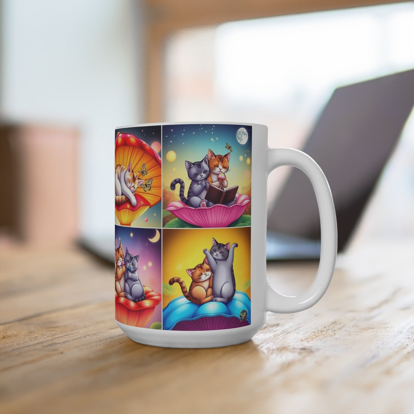 15oz Cat Mug — Whimsical Mushroom Lotus Nature Cats Collage Coffee Cup by Divine Arts