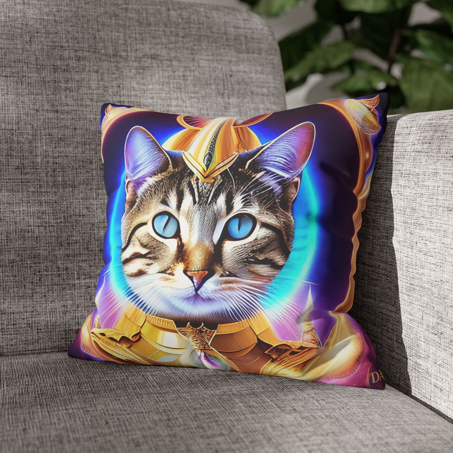 Divine Arts Faux Suede Double-Sided Square Pillow Case - Fantasy Galaxy Space Cat Lover Female Brown Gray Tabby Cat with Blue Eyes in Ornate Golden Armor with Light Blue Maharaic Shied Aura as Realized Merkaba Master Pillow Cover in Four Sizes