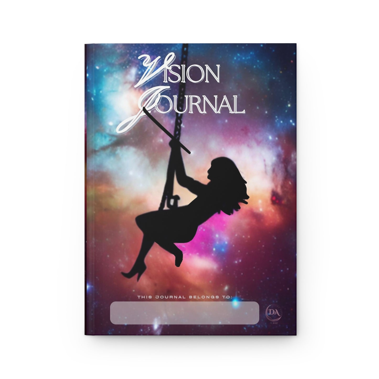 Divine Arts Hardcover Journal Stationery Notebook Matte Laminate Coating  Ruled Line Wraparound Art - Fantasy Galaxy Space Art Silouhette of Playful Young Lady on Space Swing in Rainbow Universe of Nebulas and Stars Design on Front and Back Cover