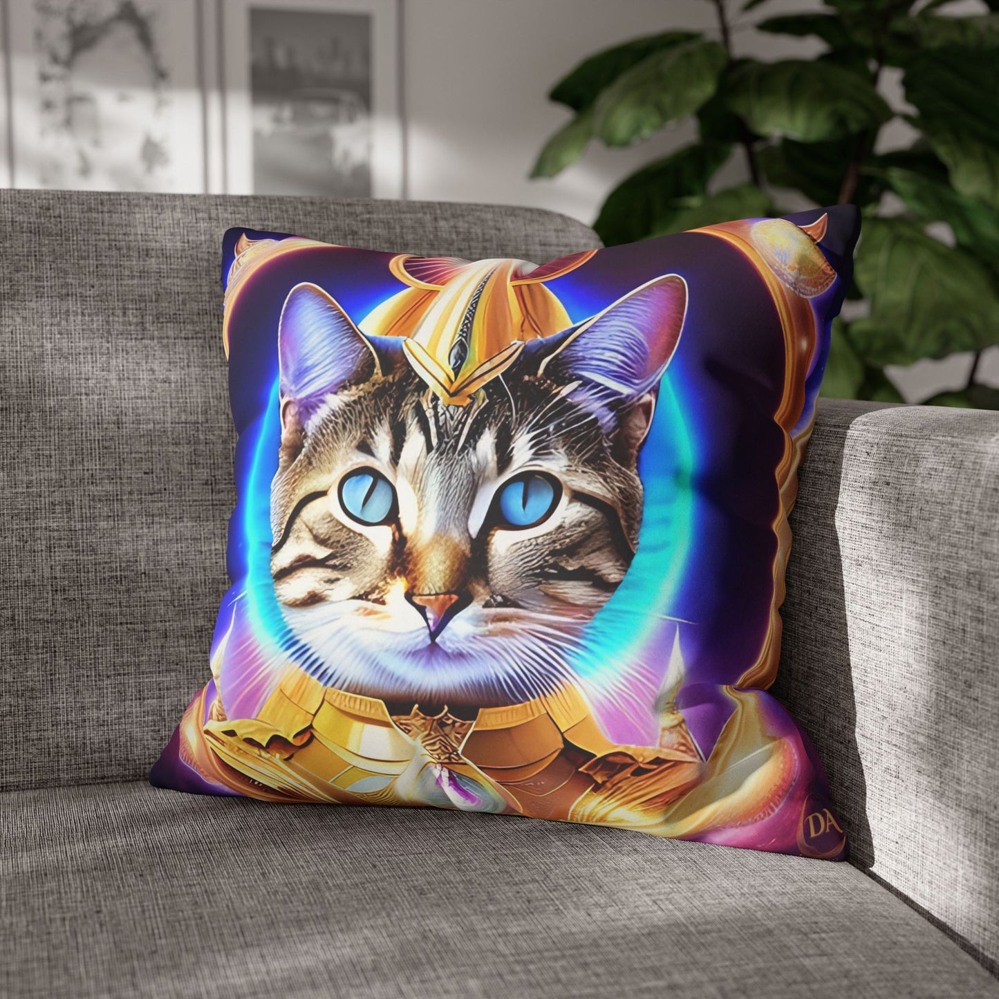 Divine Arts Faux Suede Double-Sided Square Pillow Case - Fantasy Galaxy Space Cat Lover Female Brown Gray Tabby Cat with Blue Eyes in Ornate Golden Armor with Light Blue Maharaic Shied Aura as Realized Merkaba Master Pillow Cover in Four Sizes