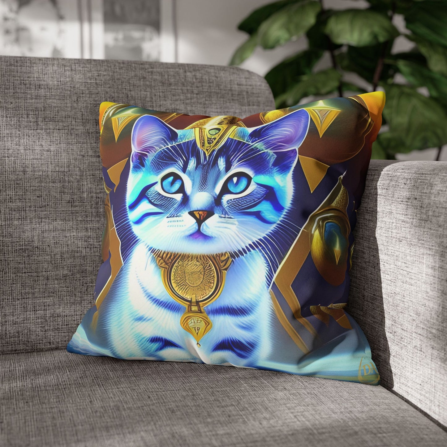 Divine Arts Faux Suede Double-Sided Square Pillow Case in Four Sizes - Fantasy Galaxy Space Cat Lover Male Gray and White Tabby Kitten with Blue Eyes in Golden Merkaba Chamber Wielding the Merkaba
