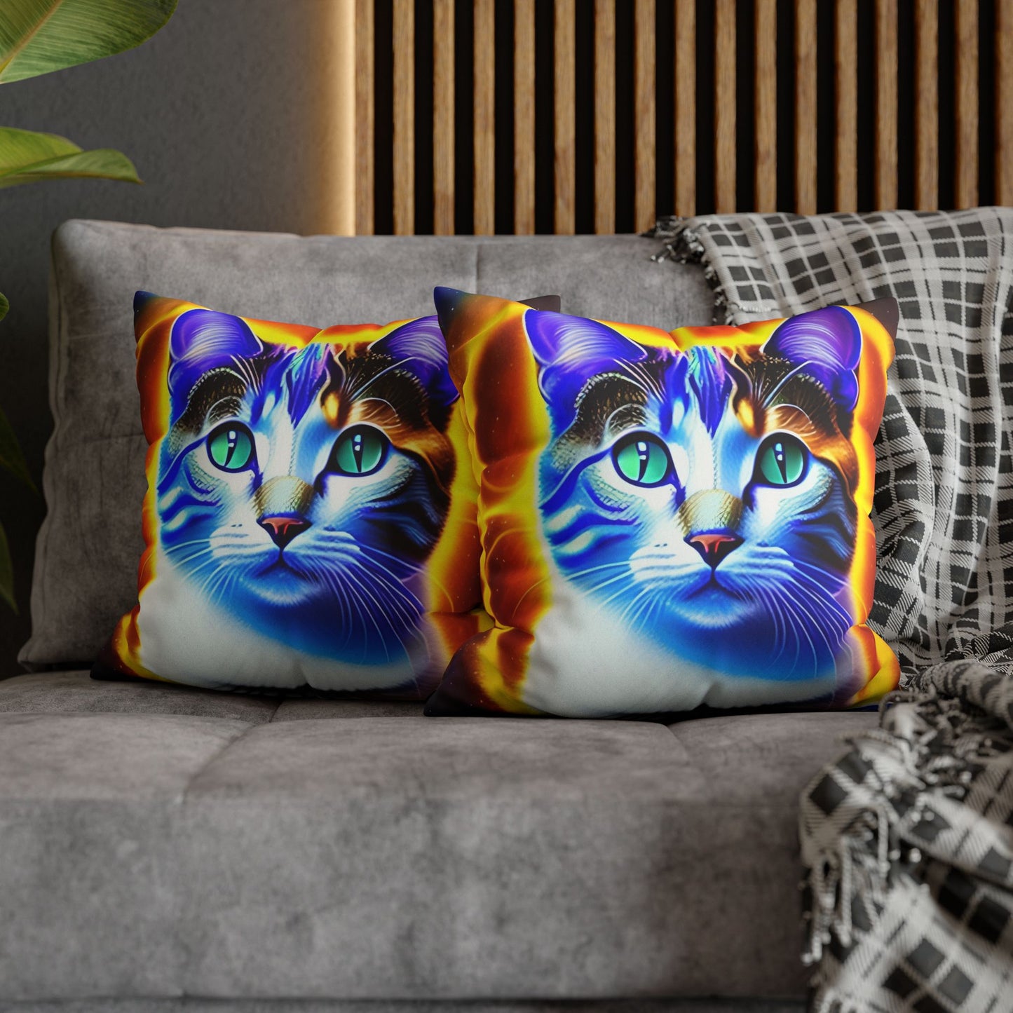 Divine Arts Faux Suede Double-Sided Square Pillow Case - Fantasy Galaxy Space Cat Lover Large Close Up View of the Face of a Female Brown Tabby Cat with Green Eyes With a Pulsing Yellow Orange Aura From Weilding the Merkaba Pillow Cover in Four Sizes