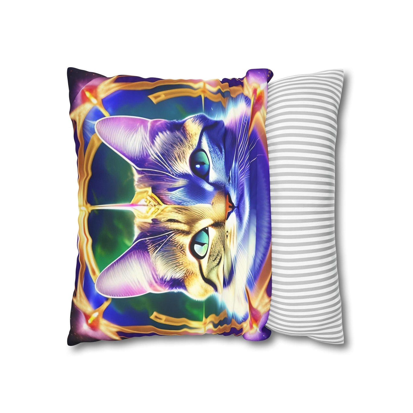 Divine Arts Faux Suede Double-Sided Square Pillow Case - Fantasy Galaxy Space Cat Lover Male Gray & Brown Tabby Cat with Green Eyes with Blue, Green & Orange Aura and Ornate Light Blue and Purple Crystal Collar Merkaba Pillow Cover in Four Sizes