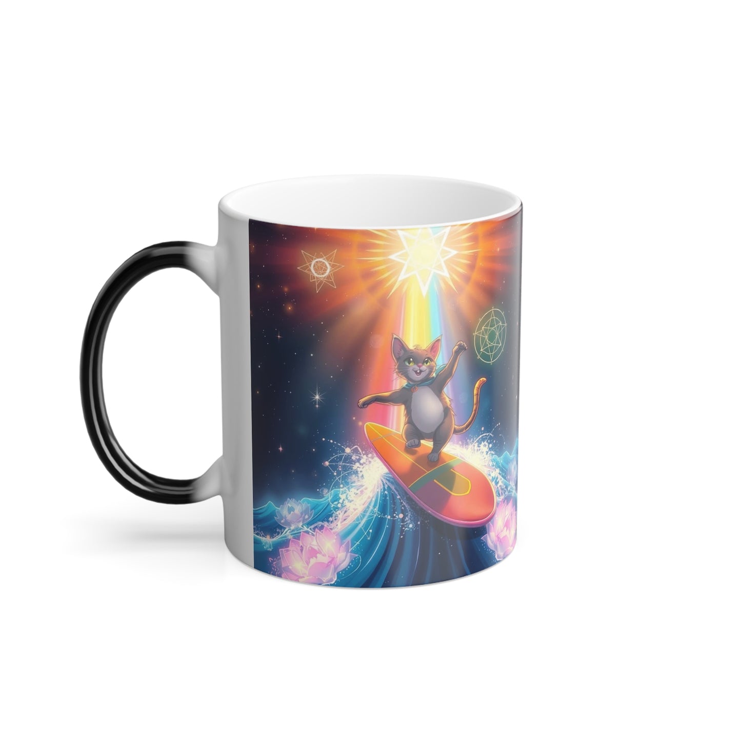 Color-Changing Galaxy Cats Mug — Cosmic Grey and Calico Cats & Lotus Rainbow Sacred Geometry Merkaba Magic 11oz by Divine Arts