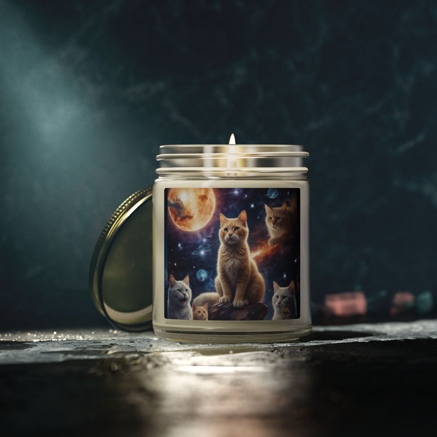 Premium Coconut Apricot Wax Scented Candles, Various Floral & Spice Fragrances (4oz), Spiritual Christmas Holiday Cat Lover Pet Gift, Ginger Tabby & White Cats Galaxy Space Fantasy Cat Art, by Divine Arts