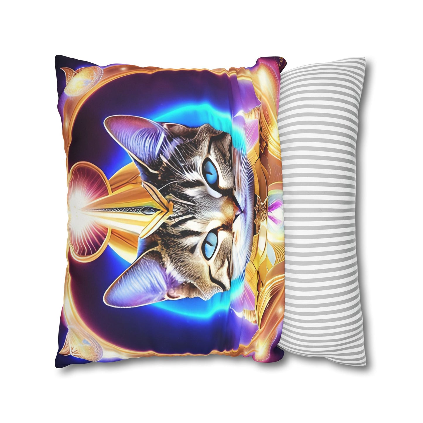 Divine Arts Faux Suede Double-Sided Square Pillow Case - Fantasy Galaxy Space Cat Lover Female Brown Gray Tabby Cat with Blue Eyes in Ornate Golden Armor with Light Blue Maharaic Shied Aura as Realized Merkaba Master Pillow Cover in Four Sizes
