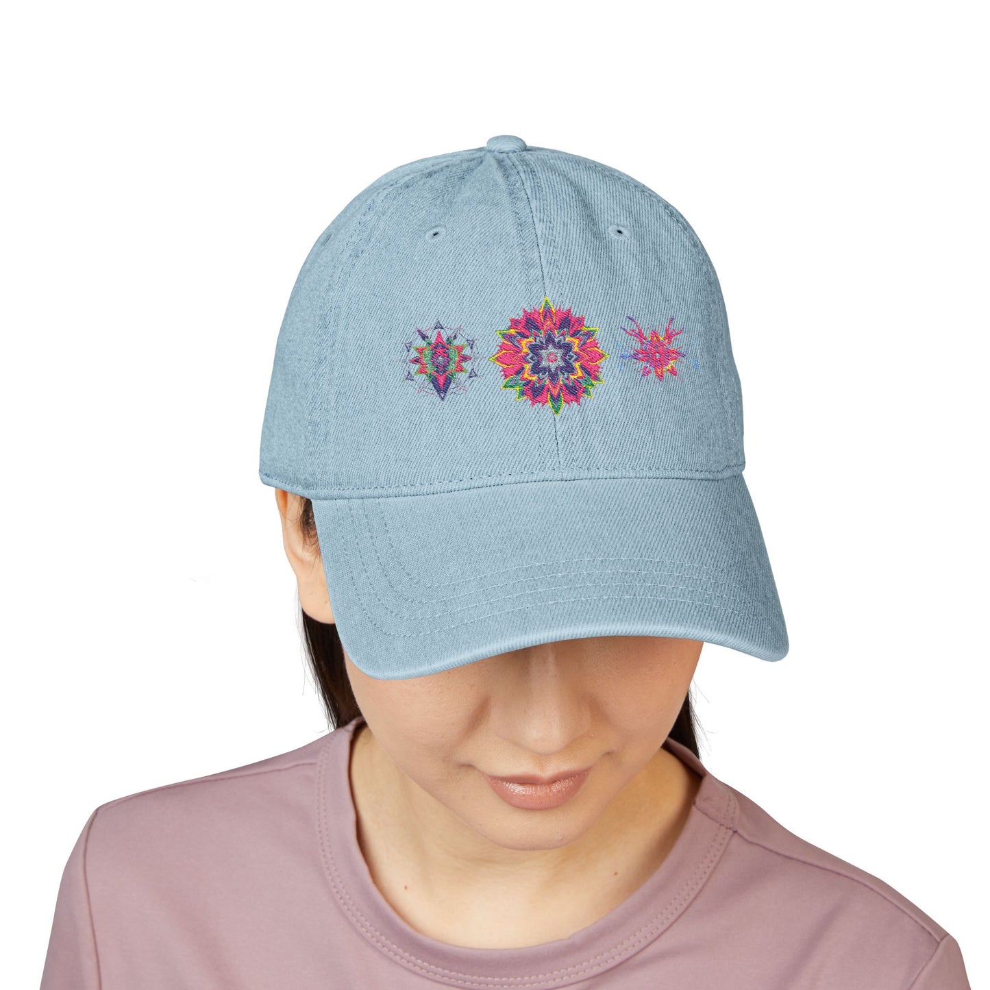 Denim Cap (Embroidery), 100% Cotton, Three Unique Embroidery Merkabas, Neon Galaxy Starry Light, Lotus Jewel Design by Divine Arts