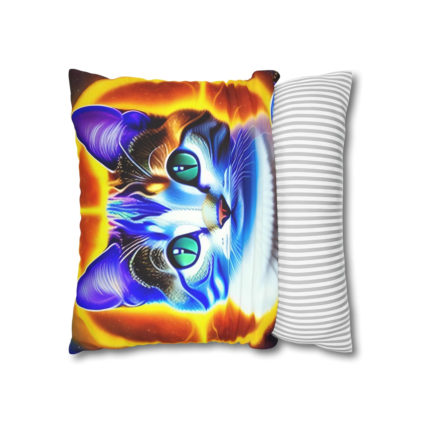 Divine Arts Faux Suede Double-Sided Square Pillow Case - Fantasy Galaxy Space Cat Lover Large Close Up View of the Face of a Female Brown Tabby Cat with Green Eyes With a Pulsing Yellow Orange Aura From Weilding the Merkaba Pillow Cover in Four Sizes