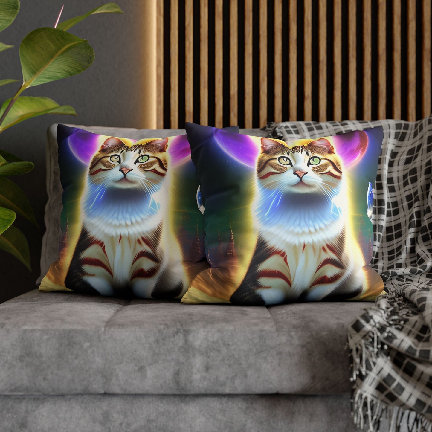 Divine Arts Faux Suede Double-Sided Square Pillow Case - Fantasy Galaxy Space Cat Lover Female Brown and White Tabby Cat with Heterochromia and a Bright Yellow & Purple Aura Spiritual Pillow Cover in Four Sizes