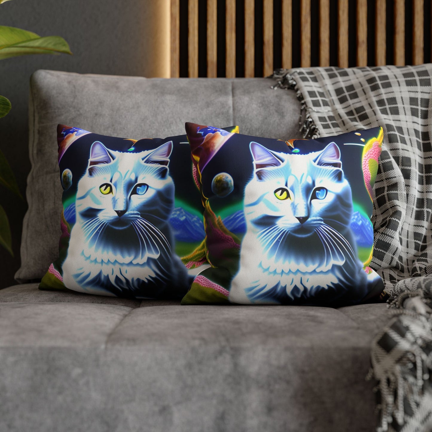 Divine Arts Faux Suede Double-Sided Square Pillow Case in Four Sizes - Fantasy Galaxy Space Cat Lover Portrait of White Female Cat With Yellow & Blie Heterochromia Eyes In Space Amidssr Blue & Pink Cosmic Swirls Meditating in Trance On A Golden Merkaba