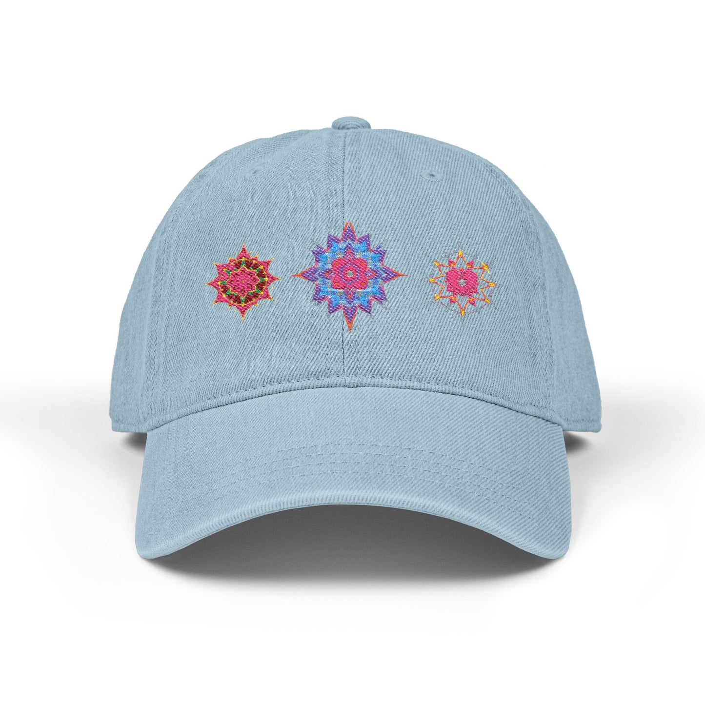 Denim Cap (Embroidery), 100% Cotton, Three Unique Embroidery Merkabas, Neon Galaxy Starry Light, Lotus Jewel Design by Divine Arts