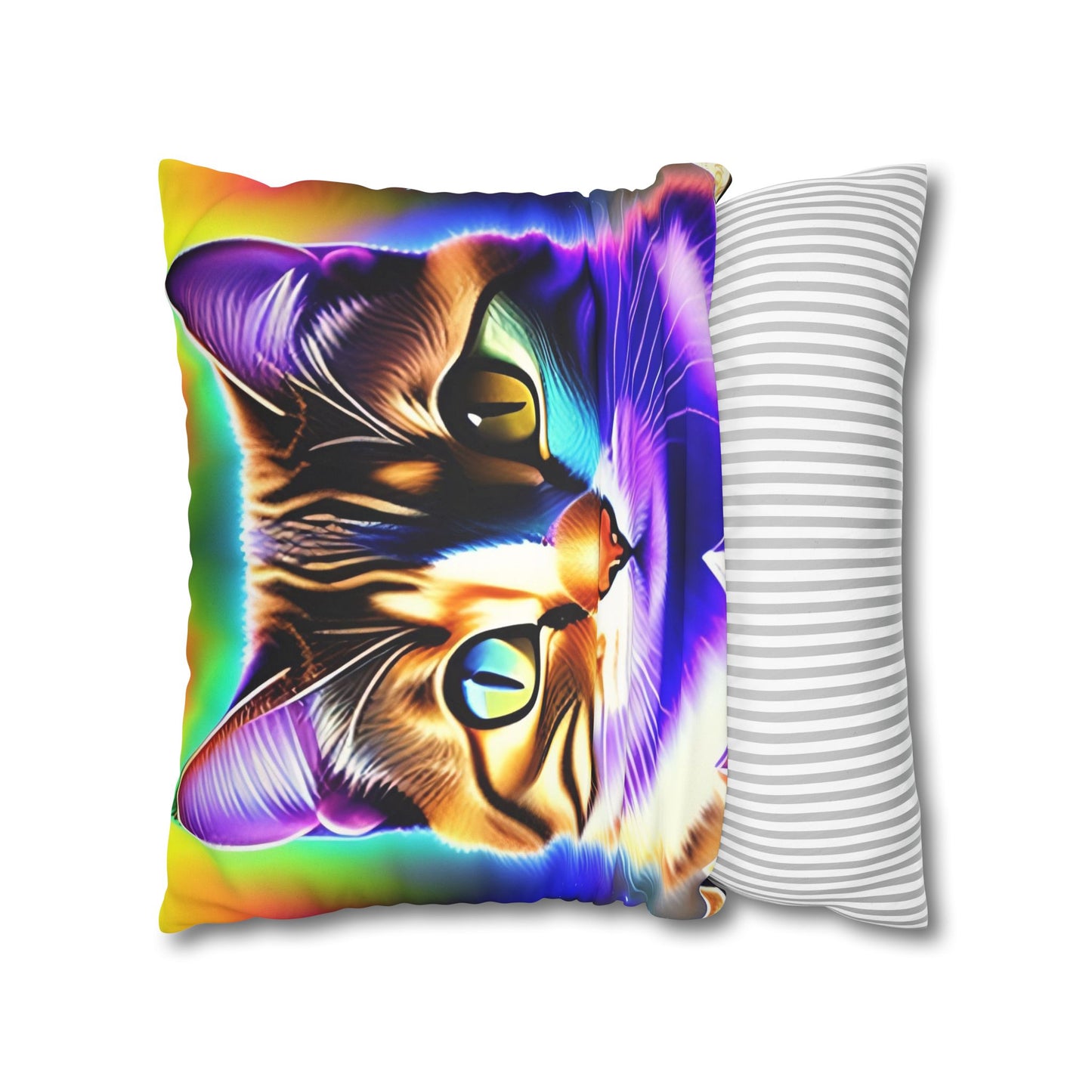 Divine Arts Faux Suede Double-Sided Square Pillow Case - Fantasy Galaxy Space Cat Lover Brown Tabby Cat with Heterochromia Meditating in Rainbow Trance Colors Pillow Cover in Four Sizes