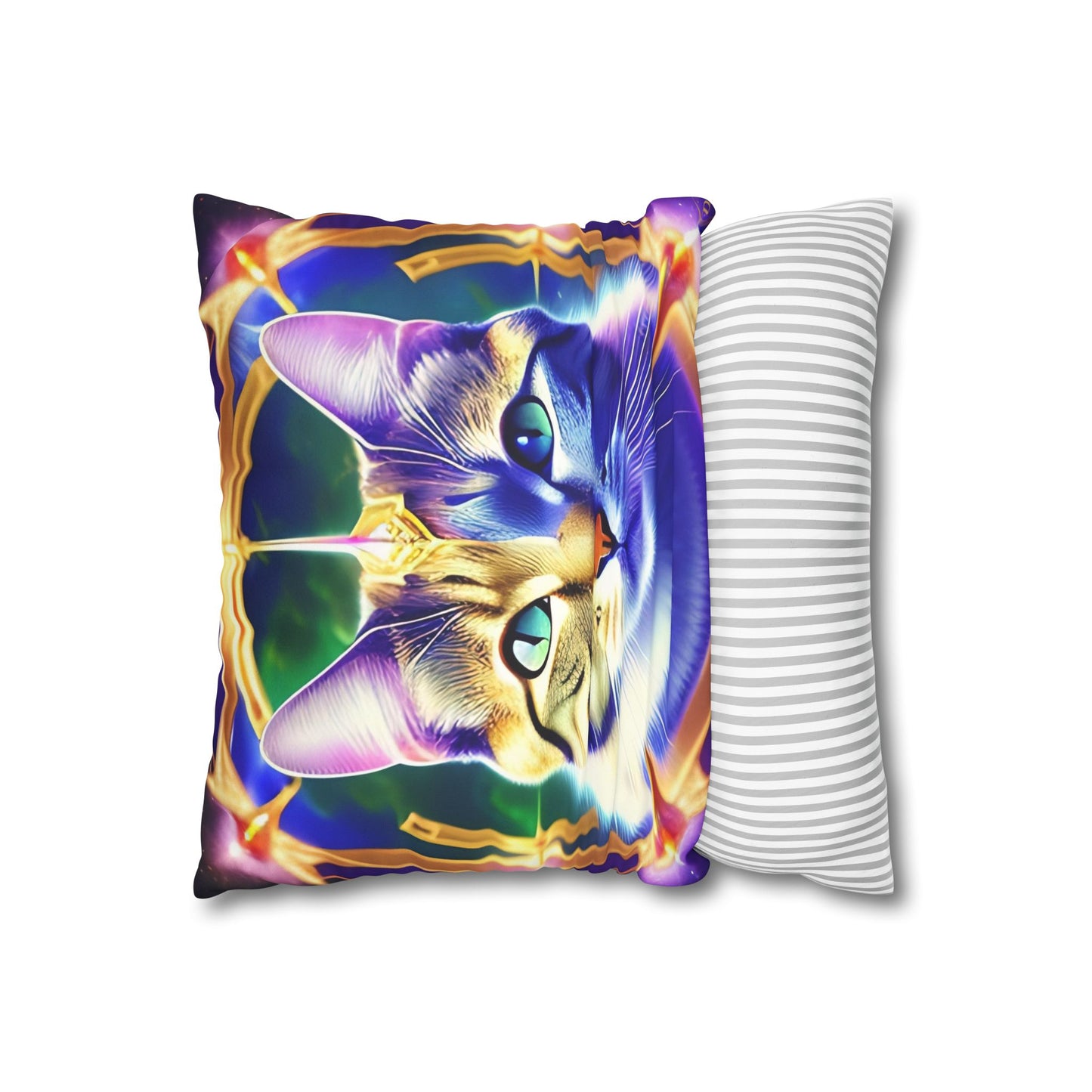 Divine Arts Faux Suede Double-Sided Square Pillow Case - Fantasy Galaxy Space Cat Lover Male Gray & Brown Tabby Cat with Green Eyes with Blue, Green & Orange Aura and Ornate Light Blue and Purple Crystal Collar Merkaba Pillow Cover in Four Sizes