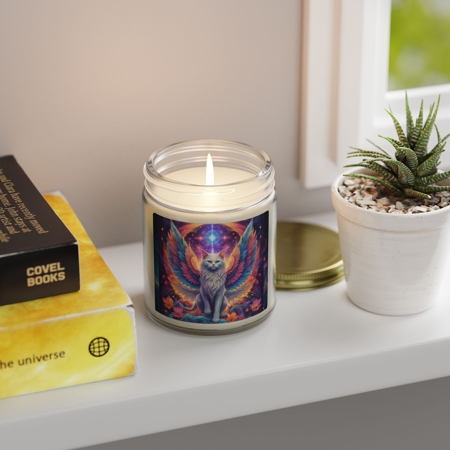 Premium Coconut Apricot Wax Scented Candles, Various Floral & Spice Fragrances (4oz), Spiritual Christmas Holiday Cat Lover Pet Gift, Galaxy Space White Angel Cat Art, by Divine Arts