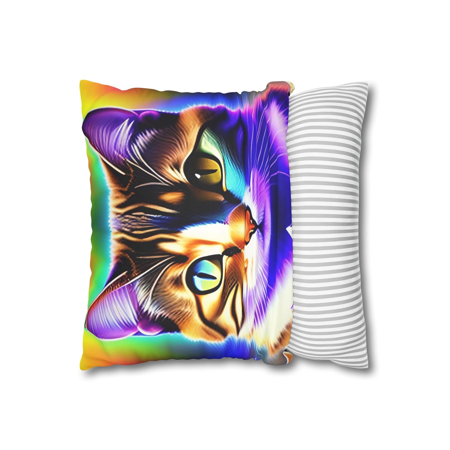 Divine Arts Faux Suede Double-Sided Square Pillow Case - Fantasy Galaxy Space Cat Lover Brown Tabby Cat with Heterochromia Meditating in Rainbow Trance Colors Pillow Cover in Four Sizes