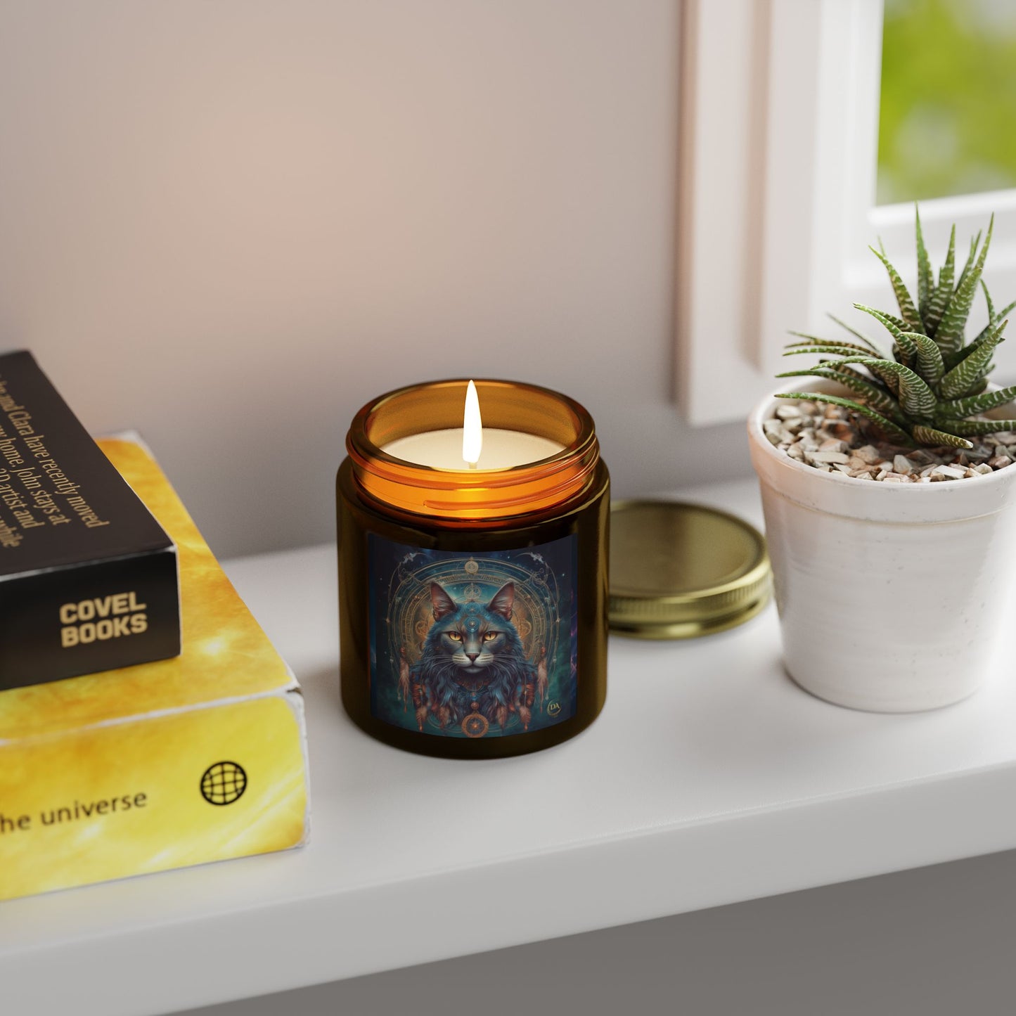 Premium Coconut Apricot Wax Scented Candles, Various Floral & Spice Fragrances (4oz), Spiritual Christmas Holiday Cat Lover Pet Gift, Gray Cat Galaxy Space Fantasy Tribal Art, by Divine Arts