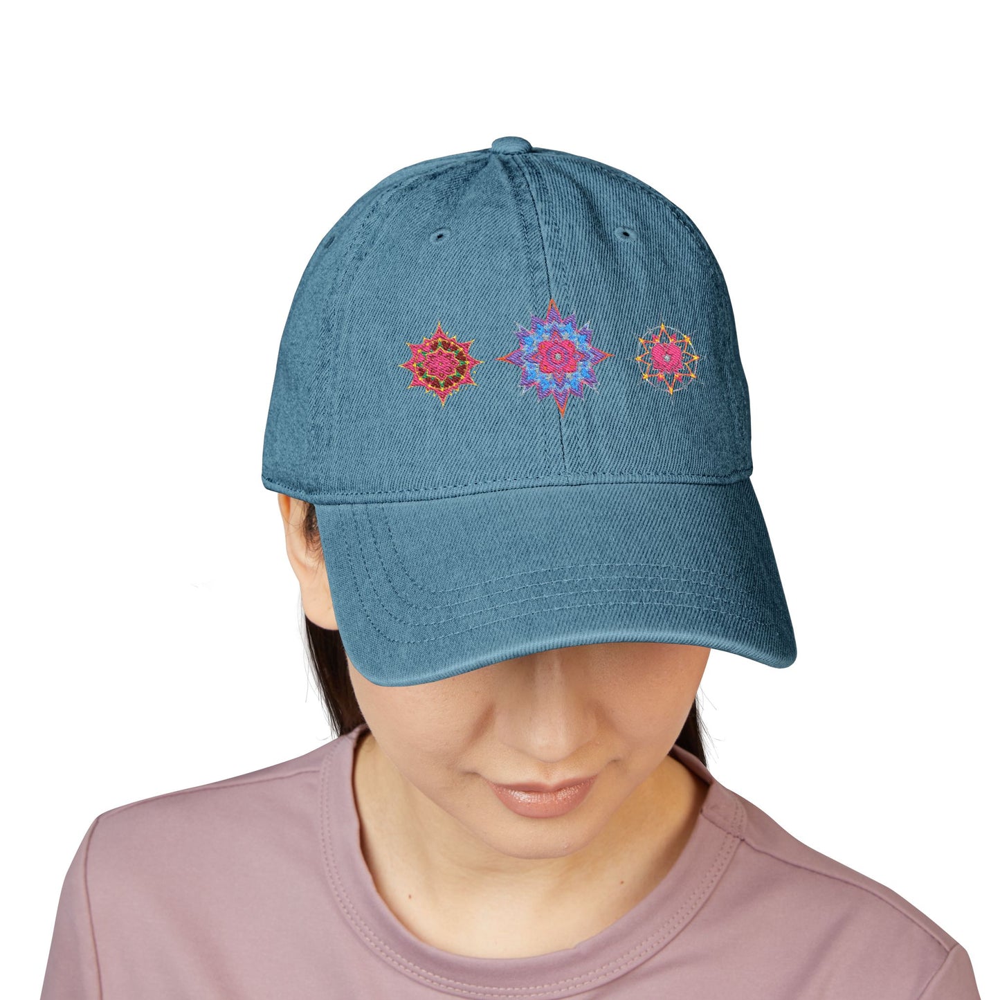 Denim Cap (Embroidery), 100% Cotton, Three Unique Embroidery Merkabas, Neon Galaxy Starry Light, Lotus Jewel Design by Divine Arts