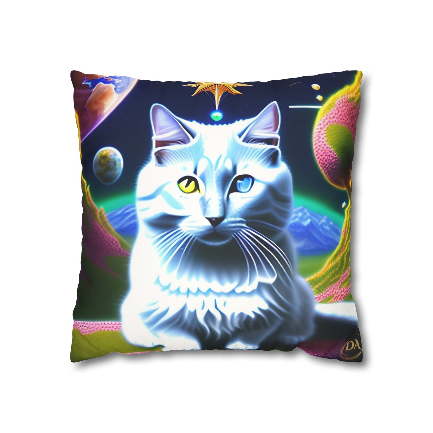 Divine Arts Faux Suede Double-Sided Square Pillow Case in Four Sizes - Fantasy Galaxy Space Cat Lover Portrait of White Female Cat With Yellow & Blie Heterochromia Eyes In Space Amidssr Blue & Pink Cosmic Swirls Meditating in Trance On A Golden Merkaba