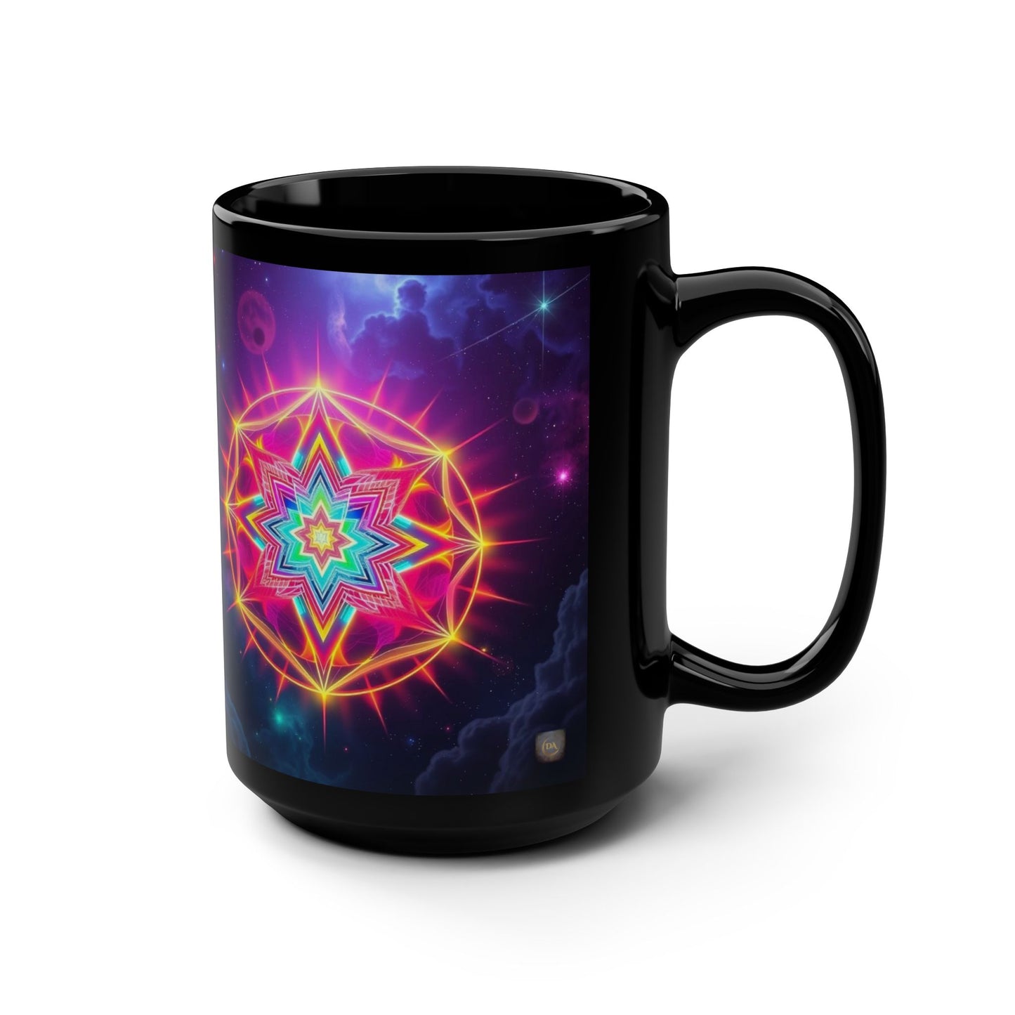 Black Ceramic Mug  15 oz — Neon Merkaba Cosmic Coffee Cup by Divine Arts