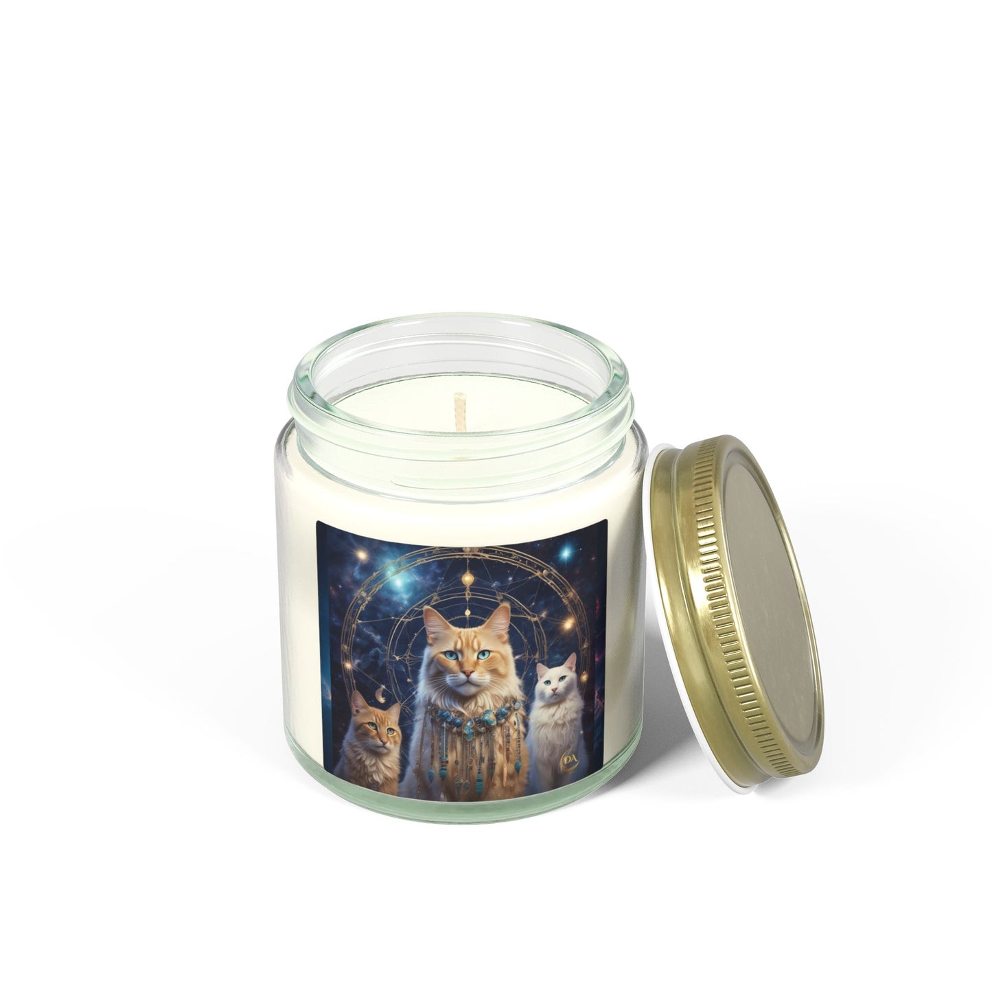Premium Coconut Apricot Wax Scented Candles, Various Floral & Spice Fragrances (4oz), Spiritual Christmas Holiday Cat Lover Pet Gift, Ginger & White Cats Galaxy Space Fantasy Tribal Art, by Divine Arts