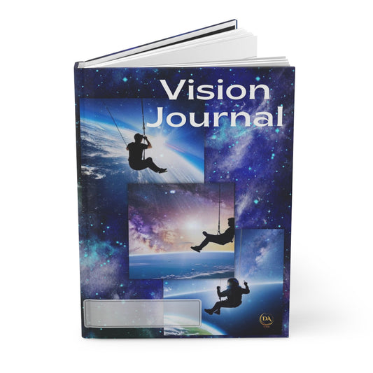 Divine Arts Hardcover Journal Notebook Stationery Matte Laminate Coating Ruled Line Wraparound Art - Fantasy Space Art with Silouhette of Young Man Swinging on a Space Swing Amidst Blue, Purple and White Nebulous Clouds and Stars Front and Back Cover