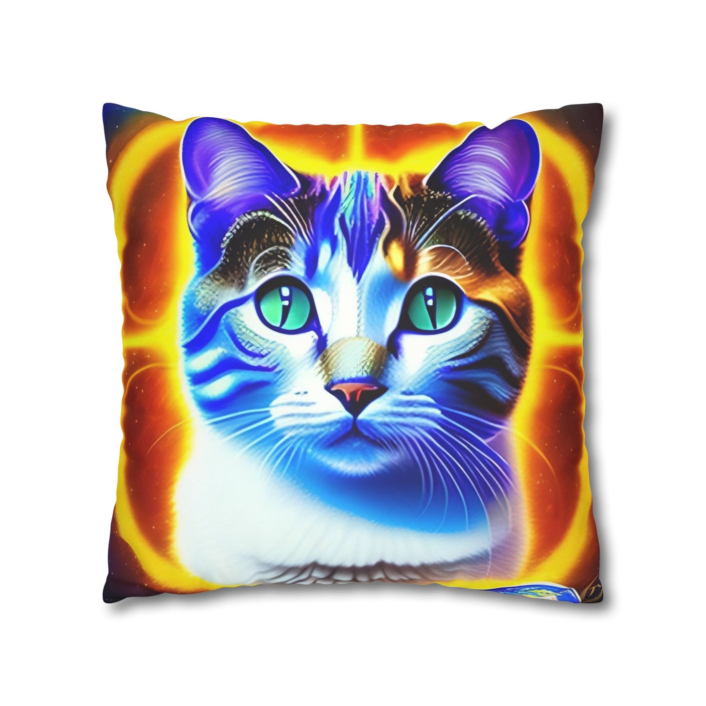 Divine Arts Faux Suede Double-Sided Square Pillow Case - Fantasy Galaxy Space Cat Lover Large Close Up View of the Face of a Female Brown Tabby Cat with Green Eyes With a Pulsing Yellow Orange Aura From Weilding the Merkaba Pillow Cover in Four Sizes