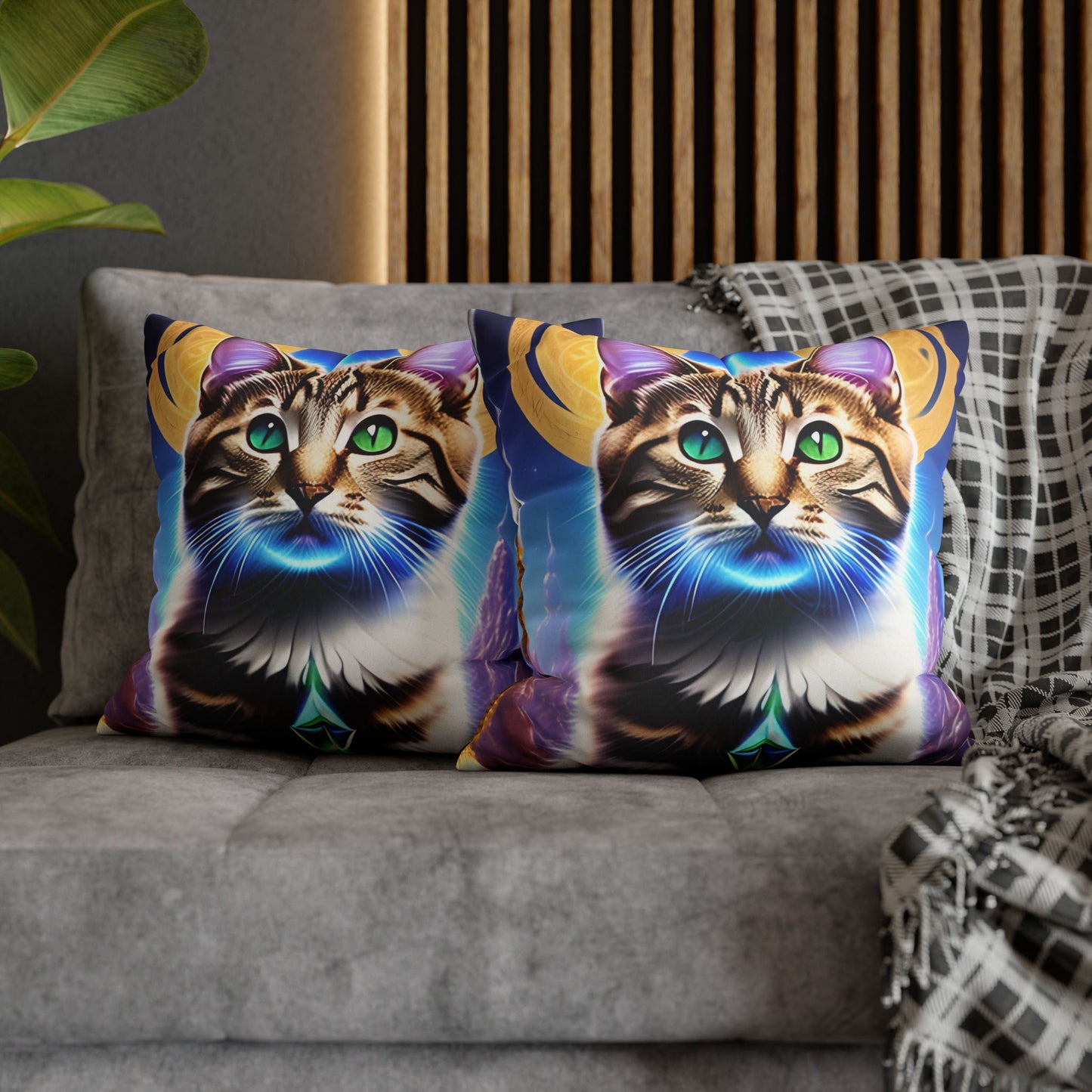 Divine Arts Faux Suede Double-Sided Square Pillow Case in Four Sizes - Fantasy Galaxy Space Cat Lover Male Brown Tabby Cat with Green Eyes Green Merkaba & Golden Aura Plates in Moutains