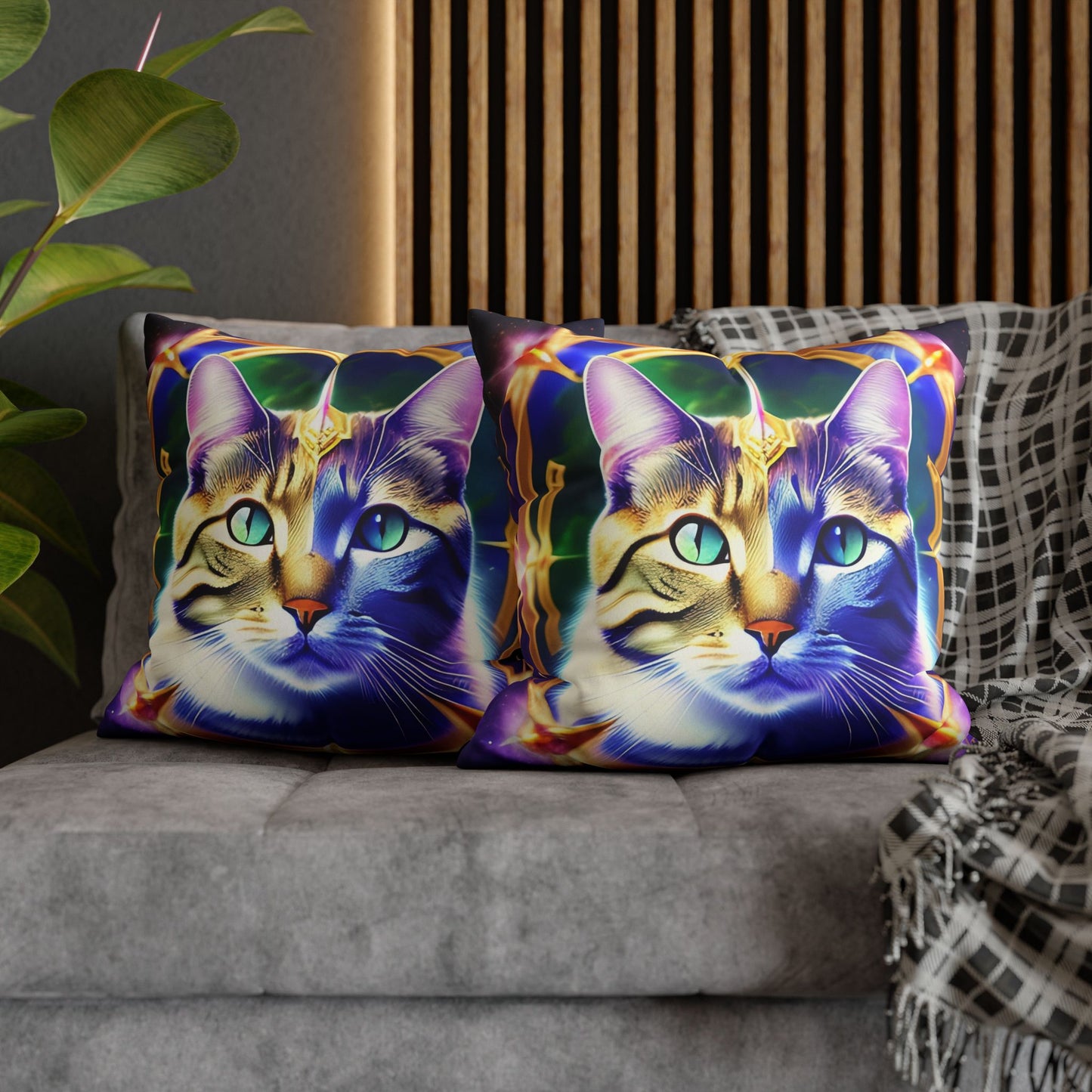 Divine Arts Faux Suede Double-Sided Square Pillow Case - Fantasy Galaxy Space Cat Lover Male Gray & Brown Tabby Cat with Green Eyes with Blue, Green & Orange Aura and Ornate Light Blue and Purple Crystal Collar Merkaba Pillow Cover in Four Sizes