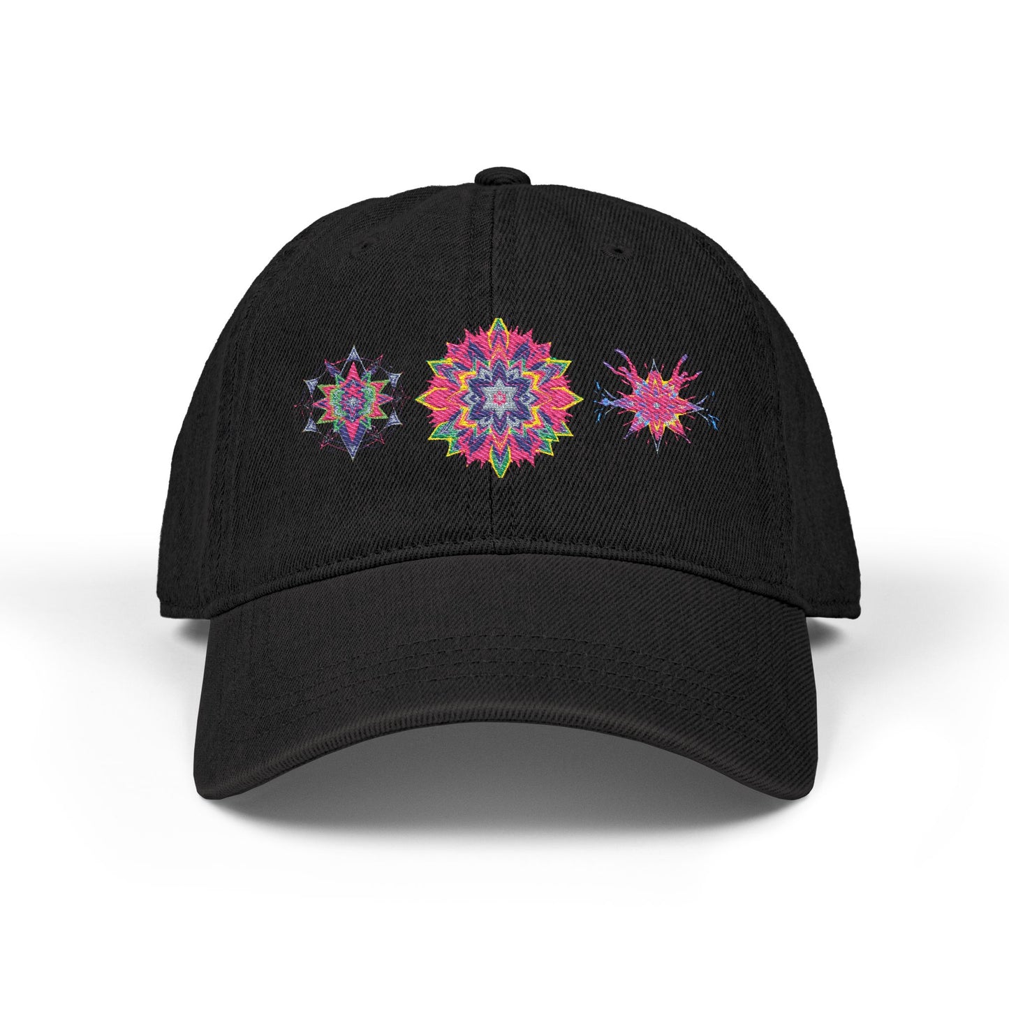 Denim Cap (Embroidery), 100% Cotton, Three Unique Embroidery Merkabas, Neon Galaxy Starry Light, Lotus Jewel Design by Divine Arts