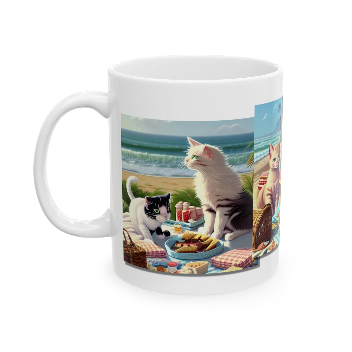 Ceramic Cat Lover Pet Mug 11oz- Cats Picnic on Beach, Cat Collage, Pet Gift, Cat Lover Gift, Gift for Him or Her, Christmas Gift, Art by Divine Arts LLC