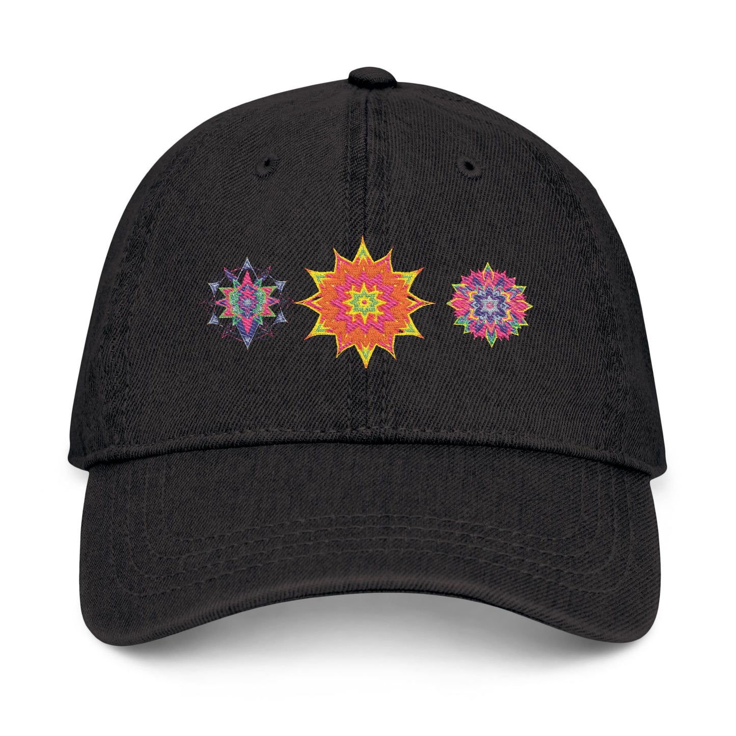 Denim Cap (Embroidery), 100% Cotton, Three Unique Embroidery Merkabas, Neon Galaxy Starry Light, Lotus Jewel Design by Divine Arts