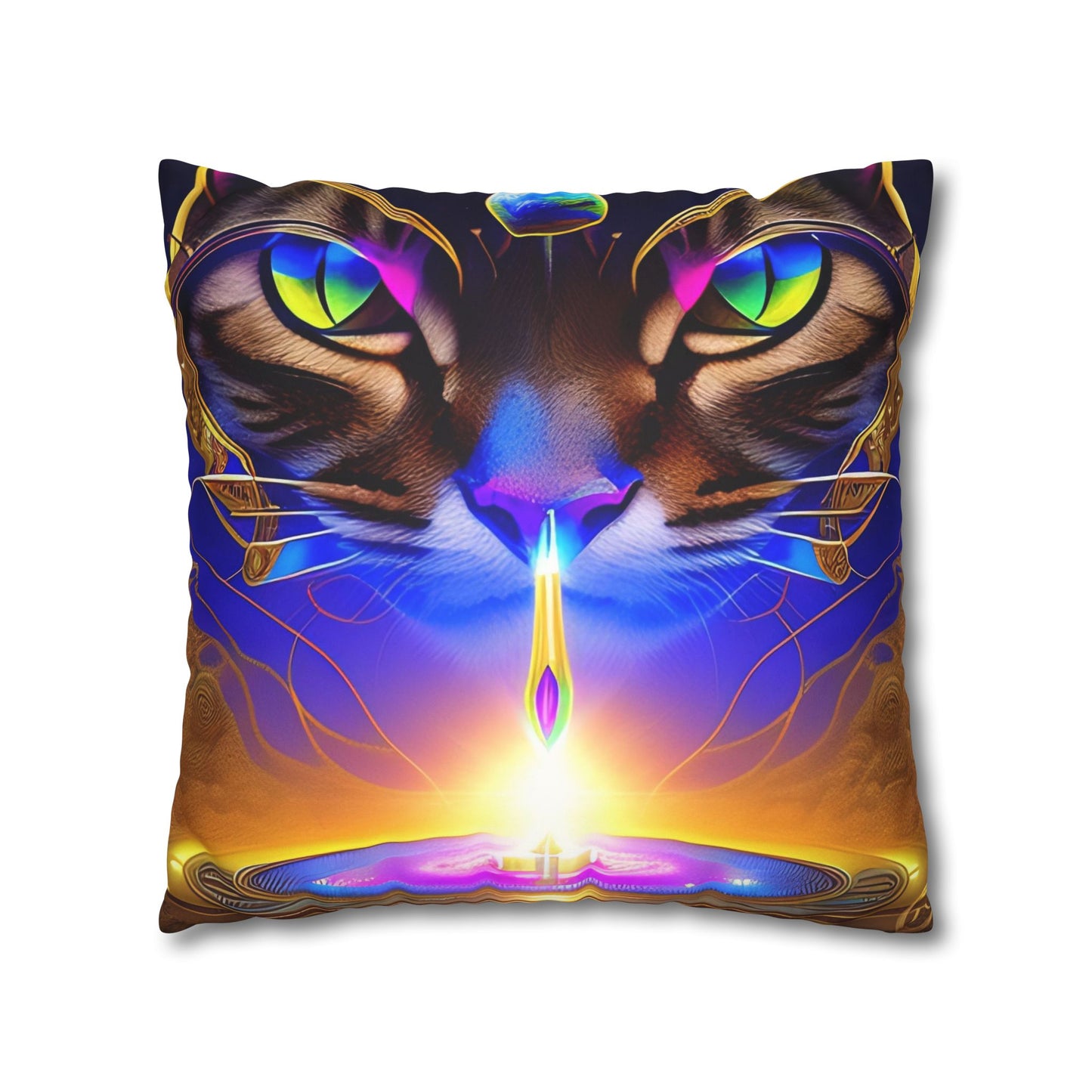 Divine Arts Faux Suede Double-Sided Art Square Pillow Case in Four Sizes - Fantasy Galaxy Space Cat Lover Male Brown Tabby Cat with Ornate Golden Face Armor and Magenta Crystal Wielding the Merkaba Pillow Cover