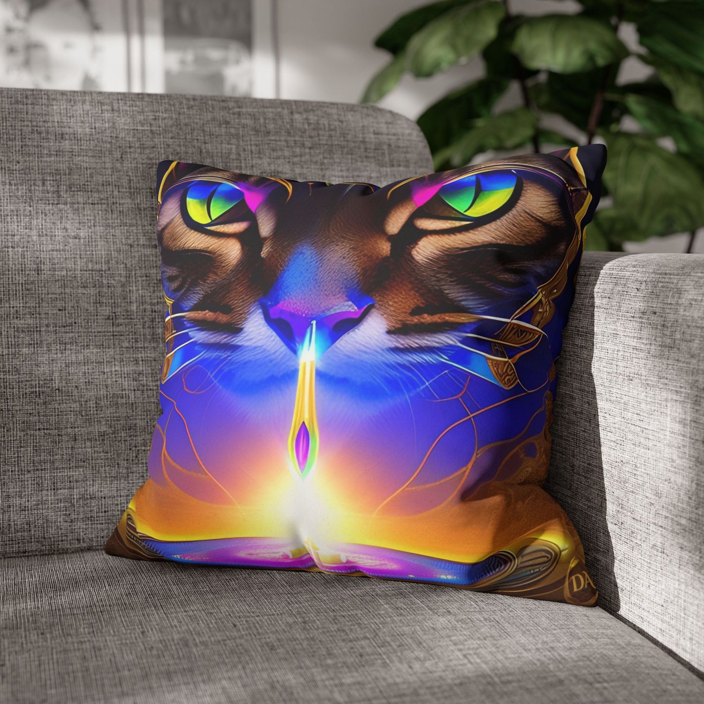 Divine Arts Faux Suede Double-Sided Art Square Pillow Case in Four Sizes - Fantasy Galaxy Space Cat Lover Male Brown Tabby Cat with Ornate Golden Face Armor and Magenta Crystal Wielding the Merkaba Pillow Cover