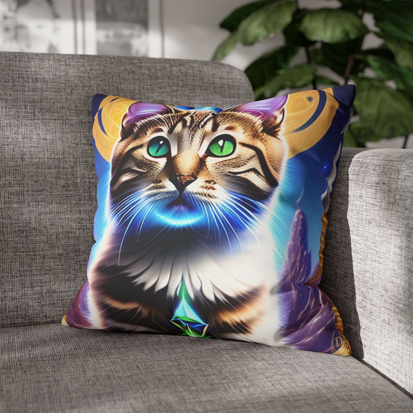 Divine Arts Faux Suede Double-Sided Square Pillow Case in Four Sizes - Fantasy Galaxy Space Cat Lover Male Brown Tabby Cat with Green Eyes Green Merkaba & Golden Aura Plates in Moutains