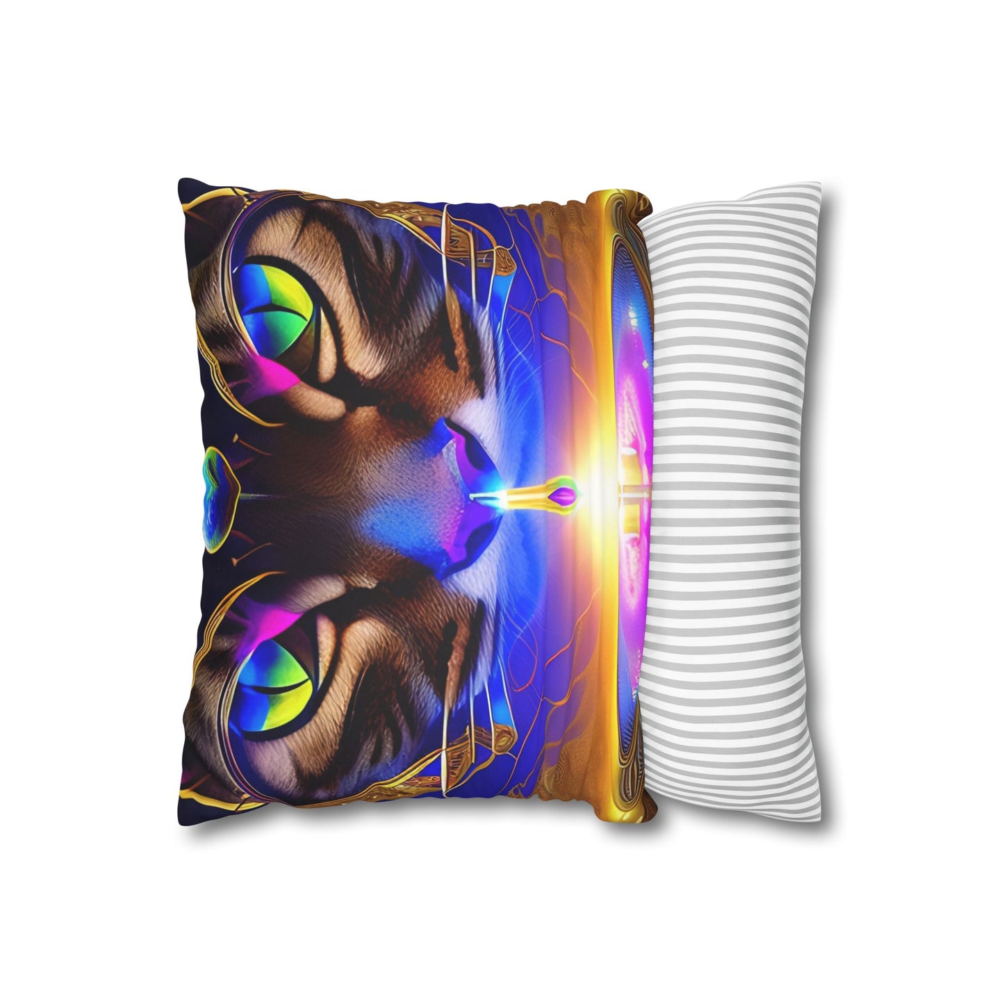 Divine Arts Faux Suede Double-Sided Art Square Pillow Case in Four Sizes - Fantasy Galaxy Space Cat Lover Male Brown Tabby Cat with Ornate Golden Face Armor and Magenta Crystal Wielding the Merkaba Pillow Cover