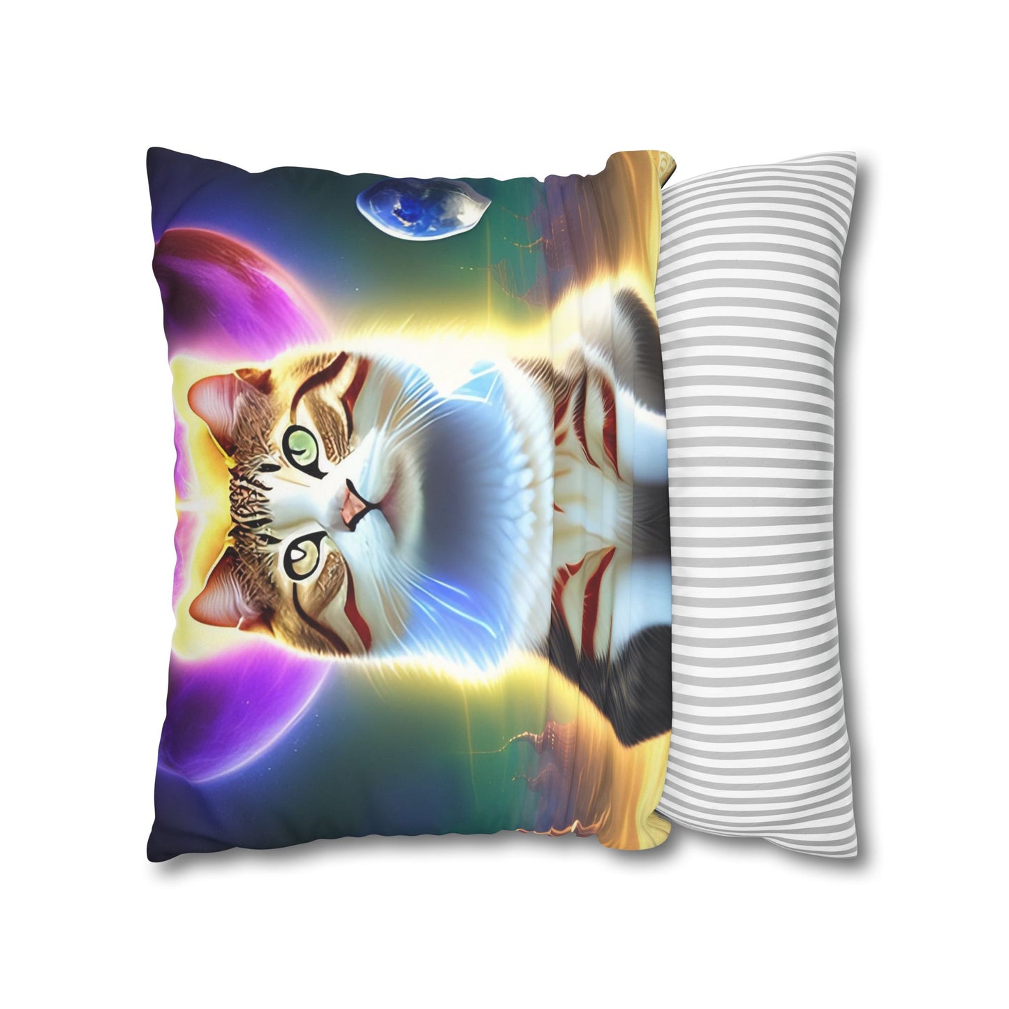 Divine Arts Faux Suede Double-Sided Square Pillow Case - Fantasy Galaxy Space Cat Lover Female Brown and White Tabby Cat with Heterochromia and a Bright Yellow & Purple Aura Spiritual Pillow Cover in Four Sizes