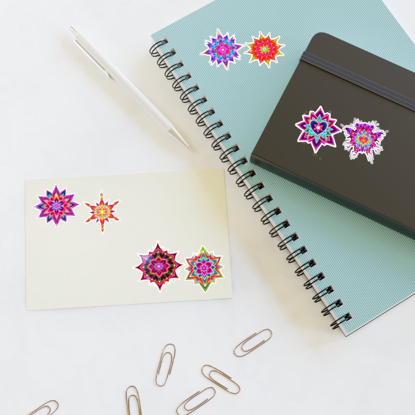 Kaleidoscope Starburst Vinyl Sticker Sheet (6x4) — Colorful Galaxy Art, White Transparent Holographic Die Cut Merkaba Decals by Divine Arts