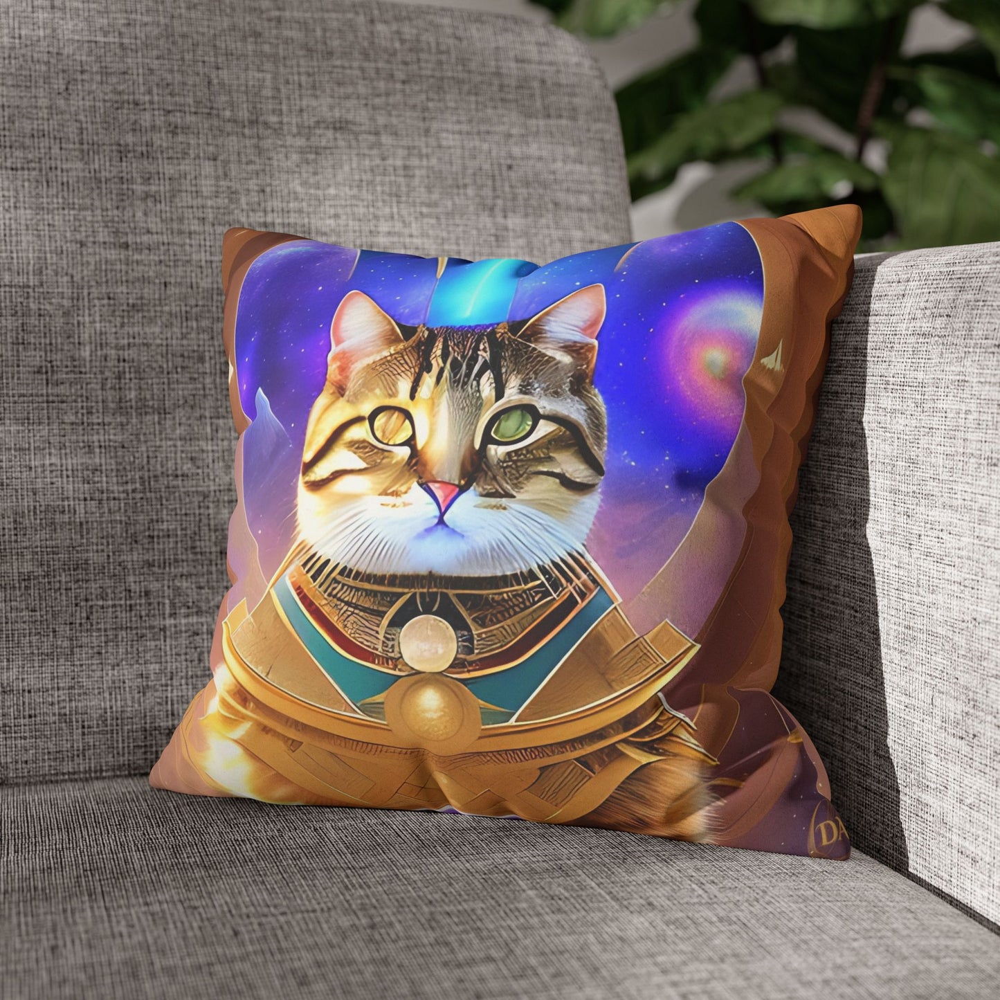 Divine Arts Faux Suede Double-Sided Square Pillow Case in Four Sizes - Fantasy Galaxy Space Cat Lover Male Brown Tabby Cat with Heterochromia in Ornate Golden Armor with Light Blue Hydroplasma Light Beam from Crown Chakra Merkaba Pillow Cover