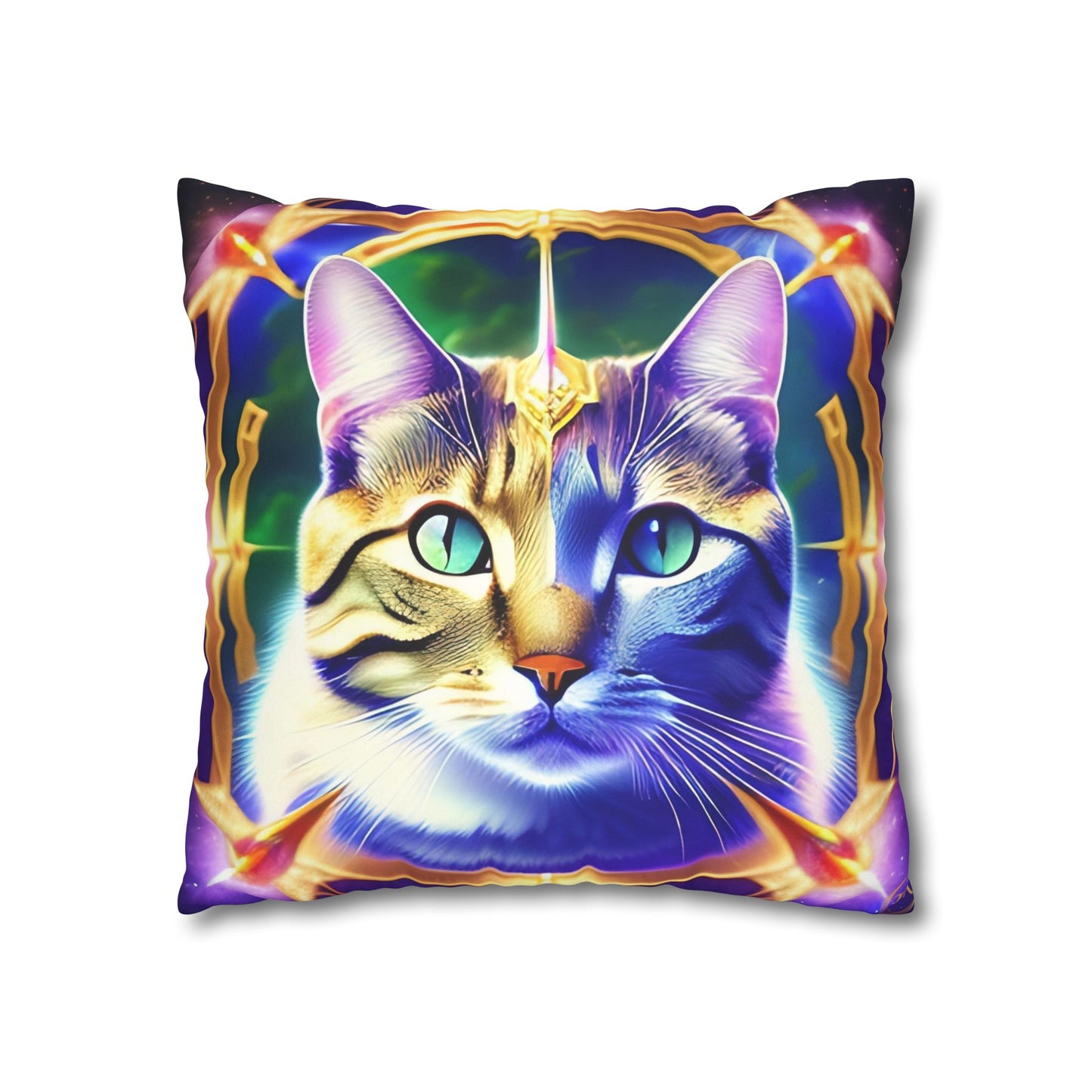 Divine Arts Faux Suede Double-Sided Square Pillow Case - Fantasy Galaxy Space Cat Lover Male Gray & Brown Tabby Cat with Green Eyes with Blue, Green & Orange Aura and Ornate Light Blue and Purple Crystal Collar Merkaba Pillow Cover in Four Sizes